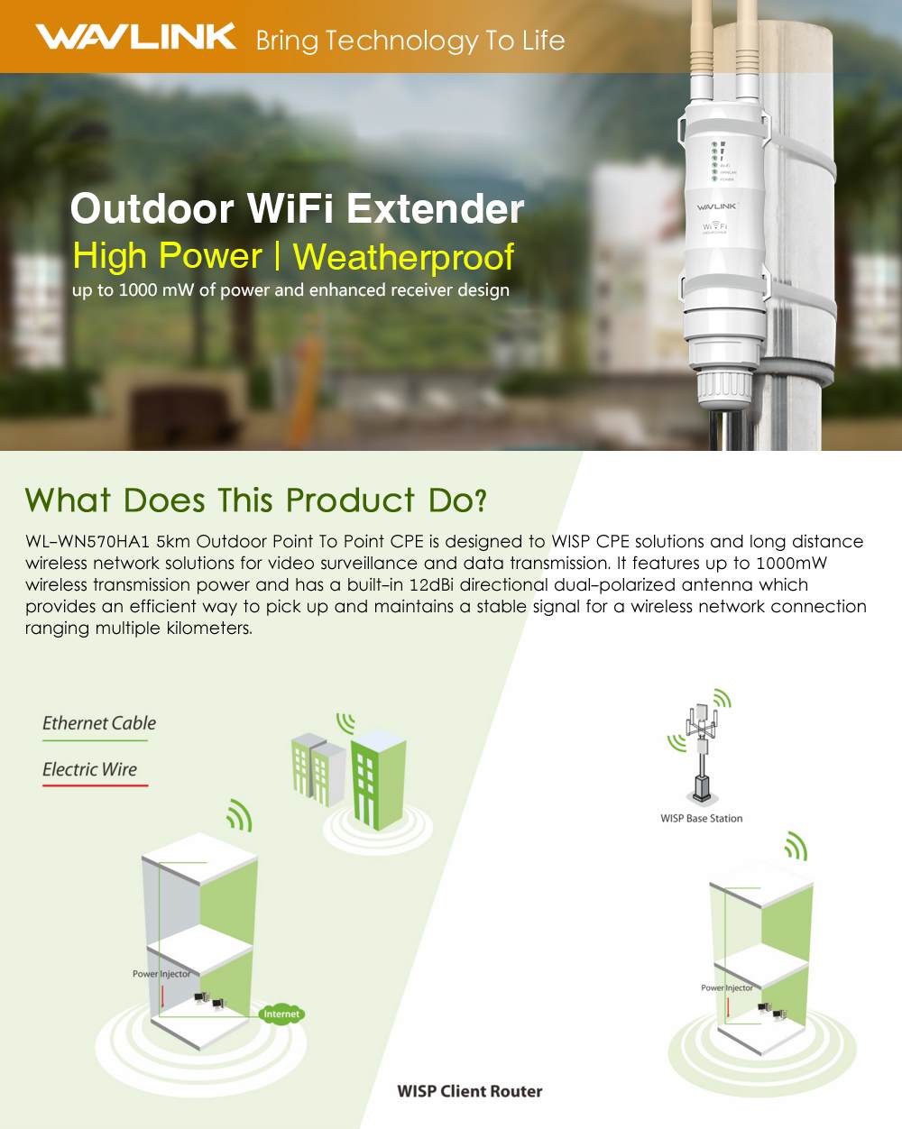 Hot Wavlink AC600 27dBm Outdoor Wifi Extender Wifi Repeater 2.4G150Mbps ...