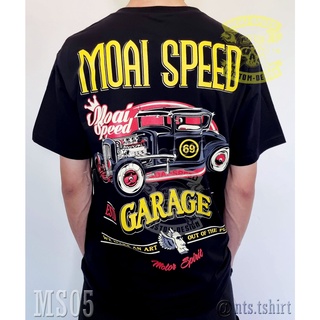 เสื้อยืดผ้าฝ้ายพรีเมี่ยม  05 Garage เสื้อยืด สีดำ เสื้อไบค์เกอร์ รถแข่ง Moai Speed T-Shirt ผ้าคอตตอน สกรีนลาย S M L XL