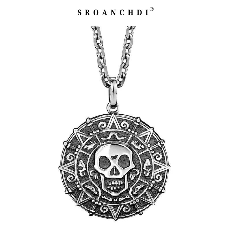 Sroanchdi s925 เงินสเตอร์ลิงหัวกระโหลกสองด้าน aztec เหรียญโจรสลัดของ caribbean การ์ดวงกลมจี้สร้อยคอ 