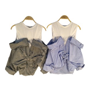 เสื้อกล้ามแฟชั่น ครึ่งล่างเป็นเชิ้ต ใส่ปาดไหล่ (เทาเข้ม, ฟ้าอ่อน, แดง)