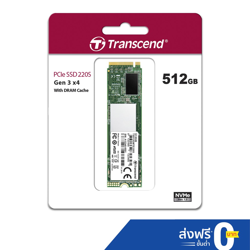 Transcend  PCIe NVMe M.2 SSD 512GB:MTE220S: รับประกัน 5 ปี หรือ*รับประกันไม่เกิน1,100TBW**- มีใบกำกั