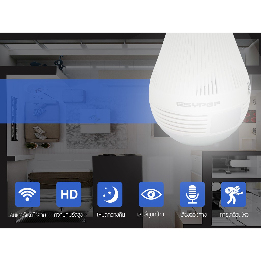 Esypop กล้องหลอดไฟ รุ่น VR1, VR2, VR3, VR4 มุมกล้อง 360องศา ความคมชัด 2MP(1080P), 4MP(1440P) รับประก