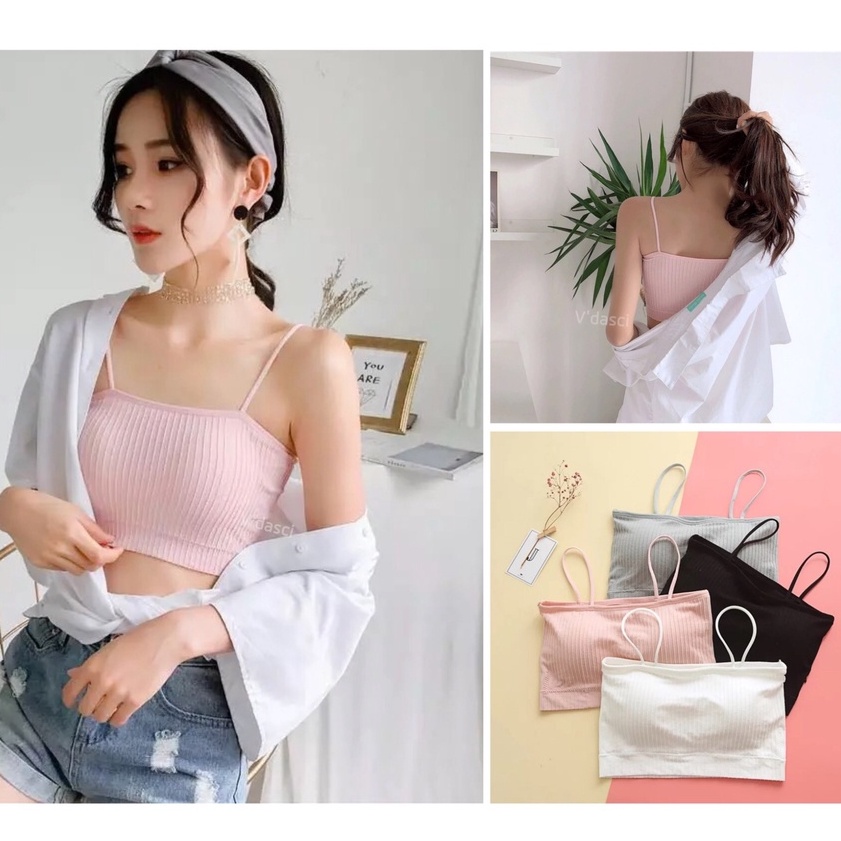 🤩 SB- 789 สายเดี่ยวผ้าร่องคอตตอน เนื้อผ้านิ่ม ยืดหยุ่นกระชับสายเล็ก ฟองน้ำบาง ถอดฟองได้ เกาะอก สายเด