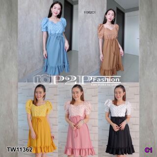 Dress เดรสคอเหลี่ยมวี แขนตุ๊กตา แต่งผ้าป่าน