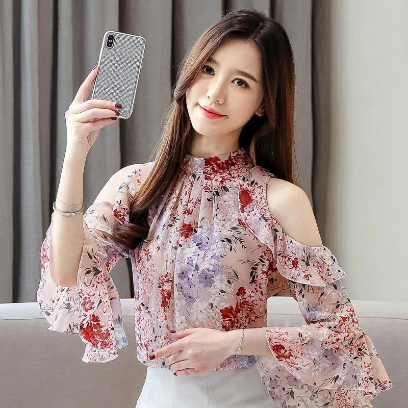 เสื้อเชิ้ตชีฟองลายดอกไม้ผู้หญิง แขนสั้น ทรงหลวม สไตล์เกาหลี thumbnail 4
