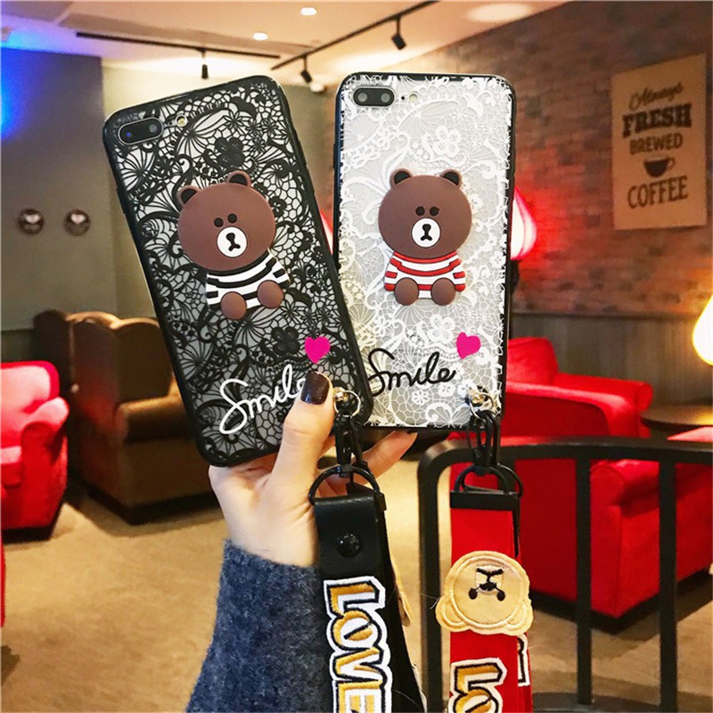 Samsung Galaxy J4 J6 Plus Prime A6 A8 Plus A7 A9 J2 Pro J8 2018 A2 Core Lace Cartoon Bear Case with Strap Cover