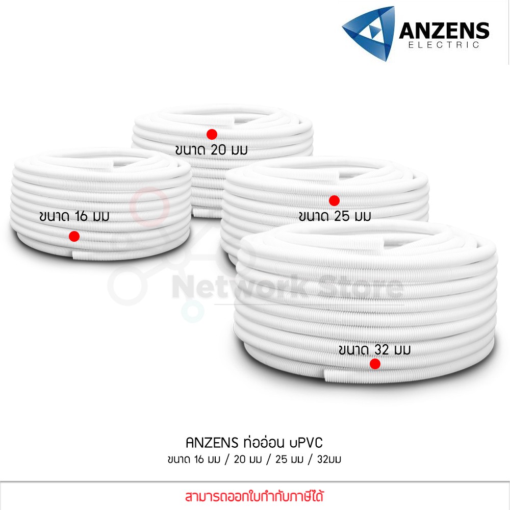 Anzens Flexx ท่ออ่อน ท่อลูกฟูก ท่อร้อยสายไฟ สายแลน PVC สีขาว ขนาด 16/20/25/32 มม. คุณภาพดี