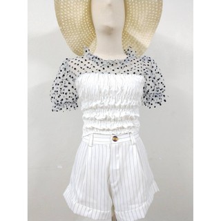 เสื้อสม็อคขาว แขนชีฟองลายจุด พร้อมส่ง