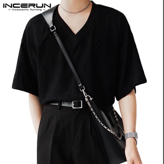 Incerun เสื้อยืดแขนสั้น คอวี ผ้าตาข่าย ระบายอากาศ ลูกไม้ ใส่สบาย สําหรับผู้ชาย