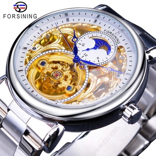 Forsining 2019 White Golden Skeleton Wrist Watches Blue Hands Silver Stainless Steel Men Mechanical Watch Waterproof Des