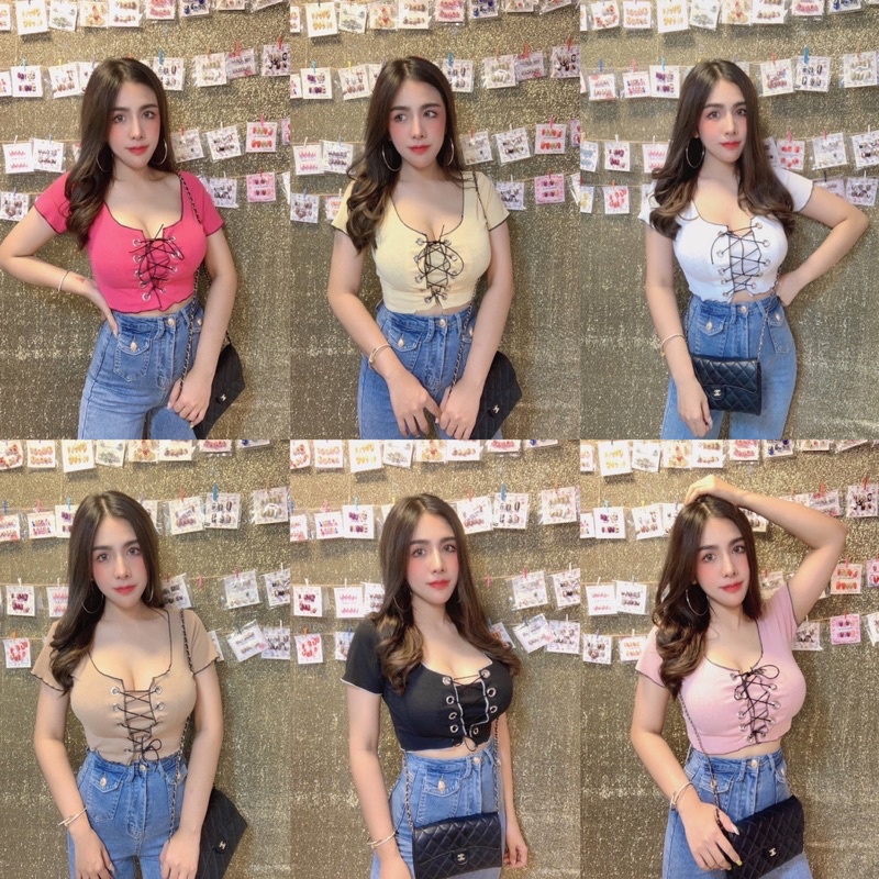 MesubShop เสื้อแขนสั้น ตอกตาไก่ อกยืดถึง40"เลยค่า ผูกหน้าผ้าร่องเล็กเนื้อยืดใส่สบาย ทรงสวยมาก ตาไก่ 10รู P101A