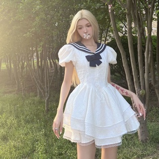 Navy collar super fairy tutu กระโปรง pure desire lace กระโปรงเจ้าหญิงพัฟแขนเอวชุดเค้ก