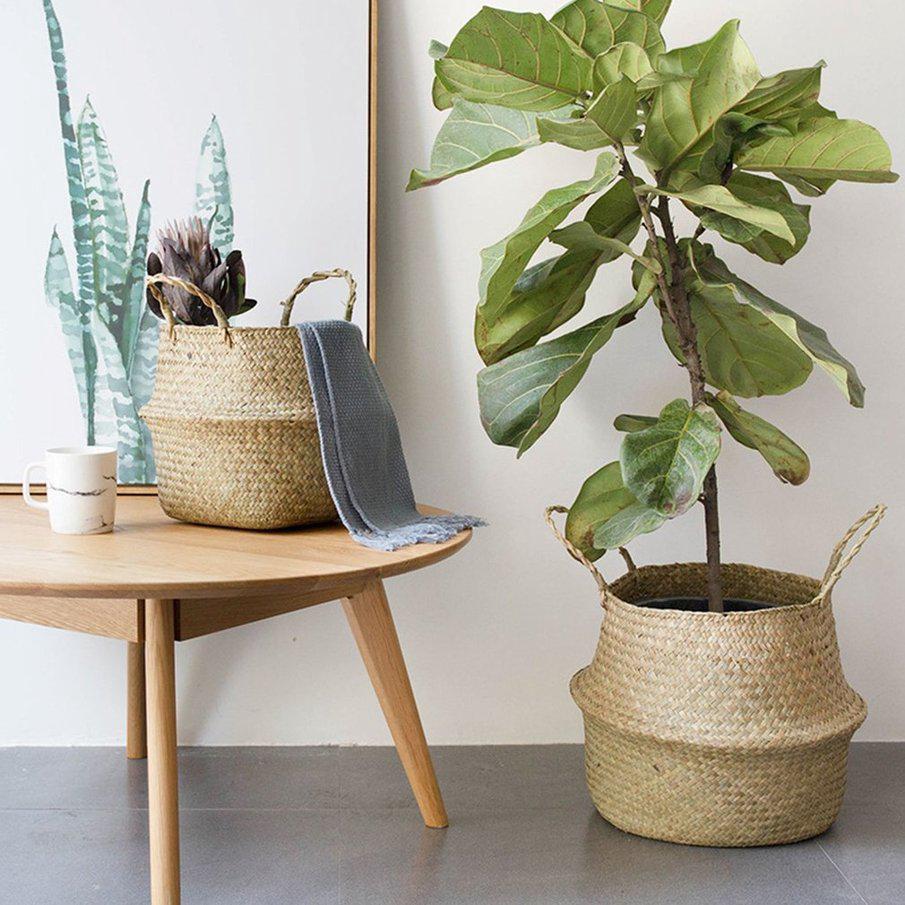 ☘cry☘ กระถางดอกไม้ธรรมชาติ ตะกร้าสานดอกไม้ Natural Seagrass Woven Storage Pot Foldable Garden Flower Vase Hanging Basket คุณภาพดีรับประกันคุณภาพ