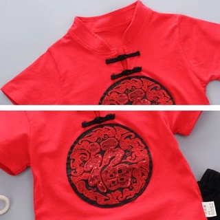 เสื้อผ้าเด็ก เสื้อผ้าเด็กผู้ชาย 🏮ชุดตรุษจีน ชุดปีใหม่🏮ชุดสีแดง เสื้อ＋กางเกง size 90cm-140cm / PFS