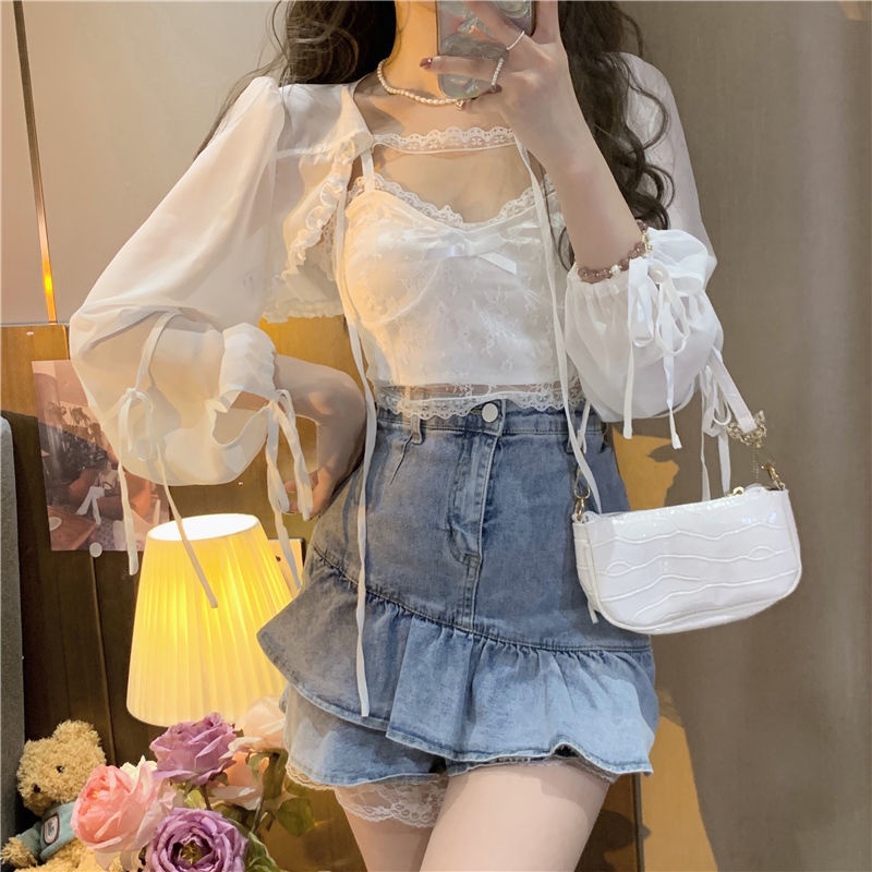 พร้อมส่ง พร้อมส่งเสื้อคาร์ดิแกน + สายเอี๊ยม เสื้อ สวมใส่สบาย เสื้อสเวตเตอร์และคาร์ดิแกน
