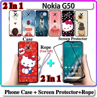 2 IN 1 เคส Nokia G50 พร้อมกระจกนิรภัยกันรอยหน้าจอ เซรามิค โค้ง สําหรับเด็กผู้หญิง และคิตตี้