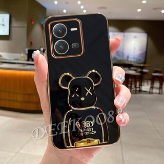 เคสโทรศัพท์มือถือ VIVO V25 V25e Y02S Y16 Y22 Y22S Y35 4G 5G 2022 New Phone Cell Case with Lovely Cute Bears Stand Holder Black White Handphone Casing Couple Loves Back Cover VIVOV25e VIVOY35 VIVOY16