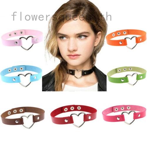 flowersqueen Women Punk Gothic Chain PU Leather Heart Love Collar Choker Necklace Cool