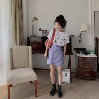 🦋 Butterfly korean tee เสื้อยืดสกรีนลาย ผีเสื้อ &amp; purplr skirt กระโปรง ลายสก็อตสีม่วง 🌈