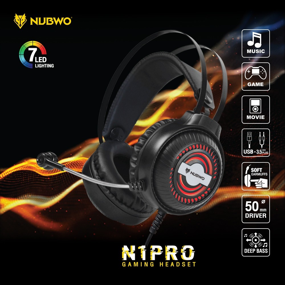 หูฟังเกมมิ่ง NUBWO N1Pro มีไฟ7สี ระบบเสียงสเตอริโอพลังเสียง Stereo 2.1 แยกเสียงซ้าย ขวาได้อย่างชัดเจน ดอกลำโพงขนาด 50 mm
