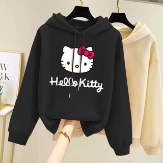 HOU-185 แฟชั่นเกาหลี hellokittyนการ์ตูนพิมพ์บวกกำมะหยี่หลวมแขนยาวเสื้อโค้ตเสื้อกันหนาวมีฮูดน่ารักสุดๆ