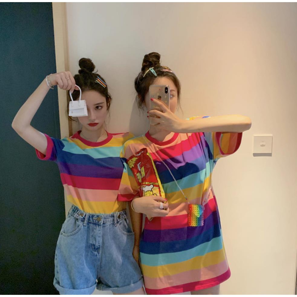 [โค้ดWAFOUR1 ลด 15%] พร้อมส่ง เสื้อยืด คอกลม แขนสั้น ลายสายรุ้ง สวมใส่สบาย สไตล์กาหลี #9585