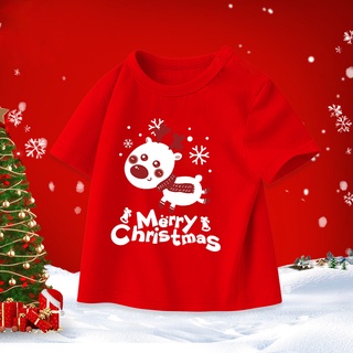 เสื้อยืด แขนสั้น สีแดง พิมพ์ลาย Merry Christmas แฟชั่นสําหรับเด็กผู้ชาย และเด็กผู้หญิง