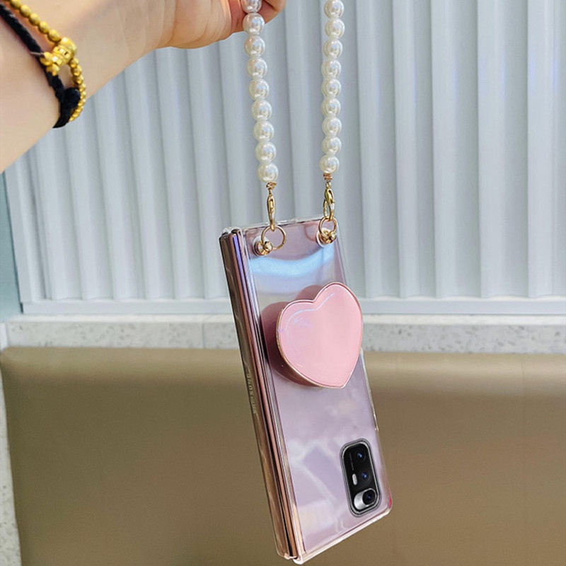 Samsung Galaxy Z พับ 8 Ultra 7 6 5 4 3 2 5G แฟชั่นน่ารัก Love Heart Stand Holder Bracket แบบพกพา Pearl Hand Chain เคสป้องกันฝาครอบ