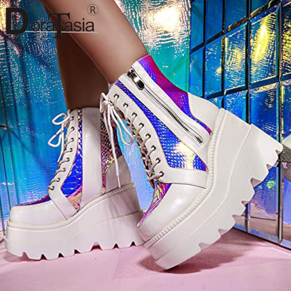 Doratasia Brand New Ladies Colorful Ankle Boots Women Fashion Female Wedges High Heels Boots High Platform Woman Shopee Thailand