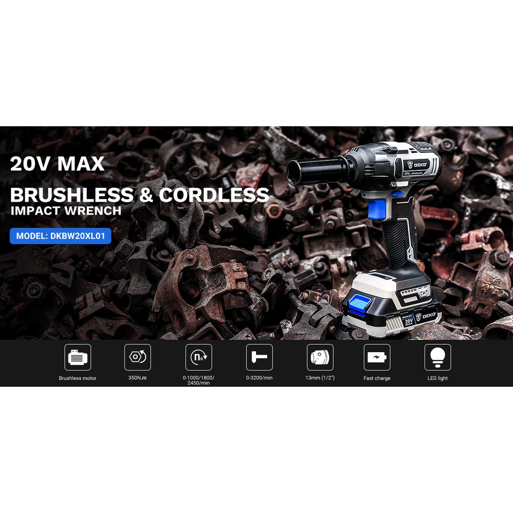 【World Premiere】DEKO 20V MAX Cordless Brushless Wrench 350N.m High Torque Electric Impact Wrench Power Tools (DKBW20XL01 #7