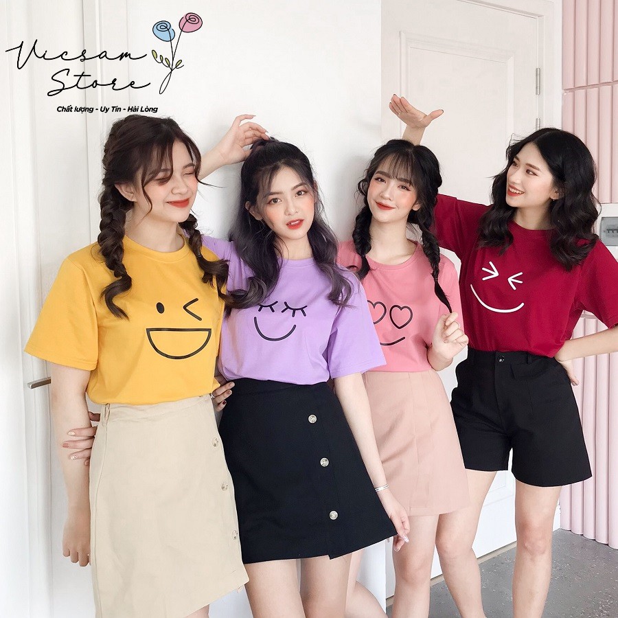 เสื้อยืดผู้หญิง Smiley Face คุณภาพสูง เสื้อยืดผู้หญิงผ้าฝ้ายนุ่มสบายสวย - VICSAM Store