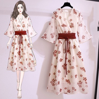 ♠♤ชีฟองดอกไม้มรกตชุดหญิงฤดูร้อน 2021 ใหม่หลวมและปรับปรุง cheongsam นักเรียนญี่ปุ่น retro ชุดกิโมโนกระโปรง