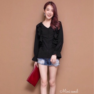 MN51🌹Korea Crimp Blouse เสื้อคอวีกระดุมหน้า