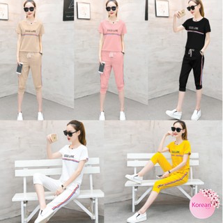🎀Korean Fashion🎀ชุดเซ็ตเสื้อคอกลมแขนสั้น กางเกงห้าส่วนขาจั๊ม มีกระเป๋าข้าง สกรีน GOOD LUCK
