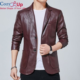 แจ็คเก็ตหนังผู้ชาย COZY UP แฟชั่นสีทึบ lapel เดี่ยวหน้าอกสลิมฟิตธุรกิจสบายๆ