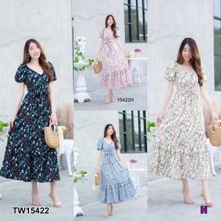 เดรสแขนบอลลูนพิมลายดอกไม้ กระโปรงระบาย 2 ชั้น TT15422 Balloon sleeve dress, floral print, skirt, 2 layers.