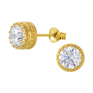 SILVER THAI Gold plated silver cz crown stud earringsต่างหูชุบมทองทรงวงกลมเป็นเงินแท้