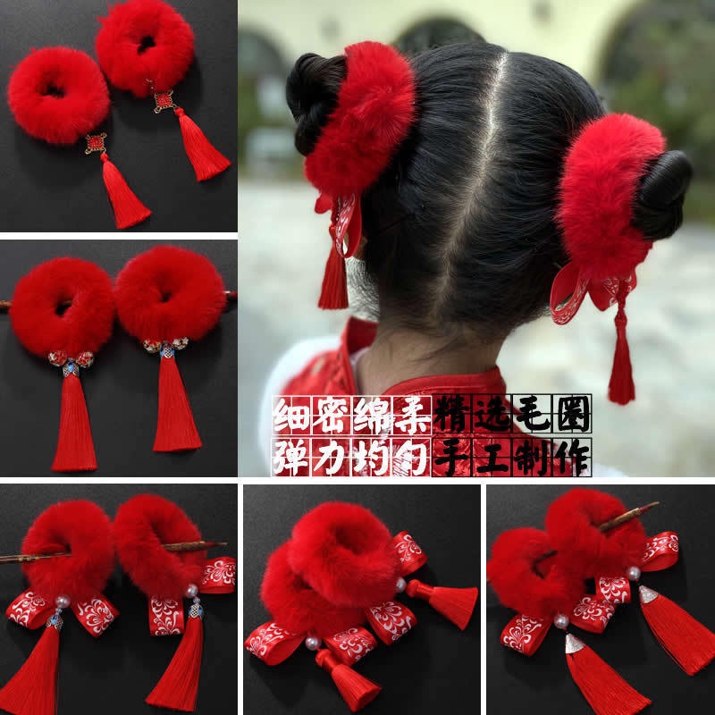 ยางรัดผม ผ้ากํามะหยี่ขนนิ่ม สีแดง ประดับพู่ สําหรับเด็กผู้หญิง 2024 2 ชิ้น