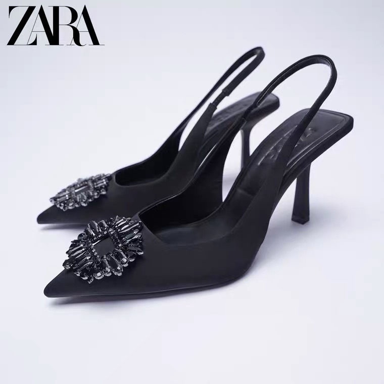 ZARA ซาร่า รองเท้าผู้หญิง รองเท้าแตะส้นสูงสีดํา