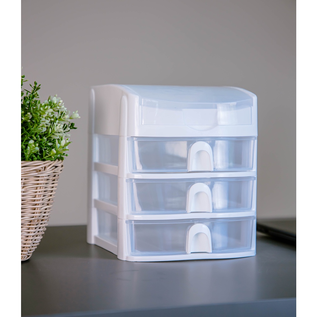 ตู้ลิ้นชักเล็ก 3 ชั้น พร้อมถาดบนสำหรับใส่ของ สีขาวใส Stationery Organizer with upper tray white color CB-123