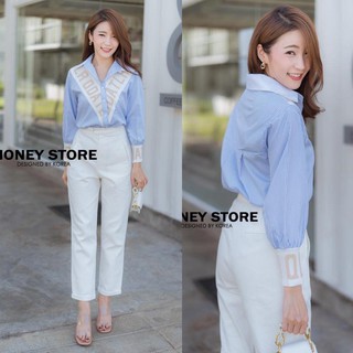 พร้อมส่ง-Money เซตเสื้อเชิ้ตกางเกงยีนส์ เสื้อแต่งทอช่วงแขนและคอวีด้านบน สีฟ้าลายริ้ว เข้ากับกางเกงยีนส์ขายาวสี