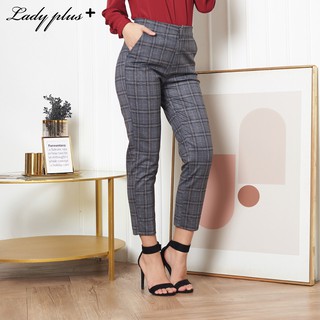 Lady Plus กางเกงลายสก๊อตขายาว 9 ส่วน | Cropped Check Pants กางเกงทำงาน กางเกงทรงสลิม สีเทา