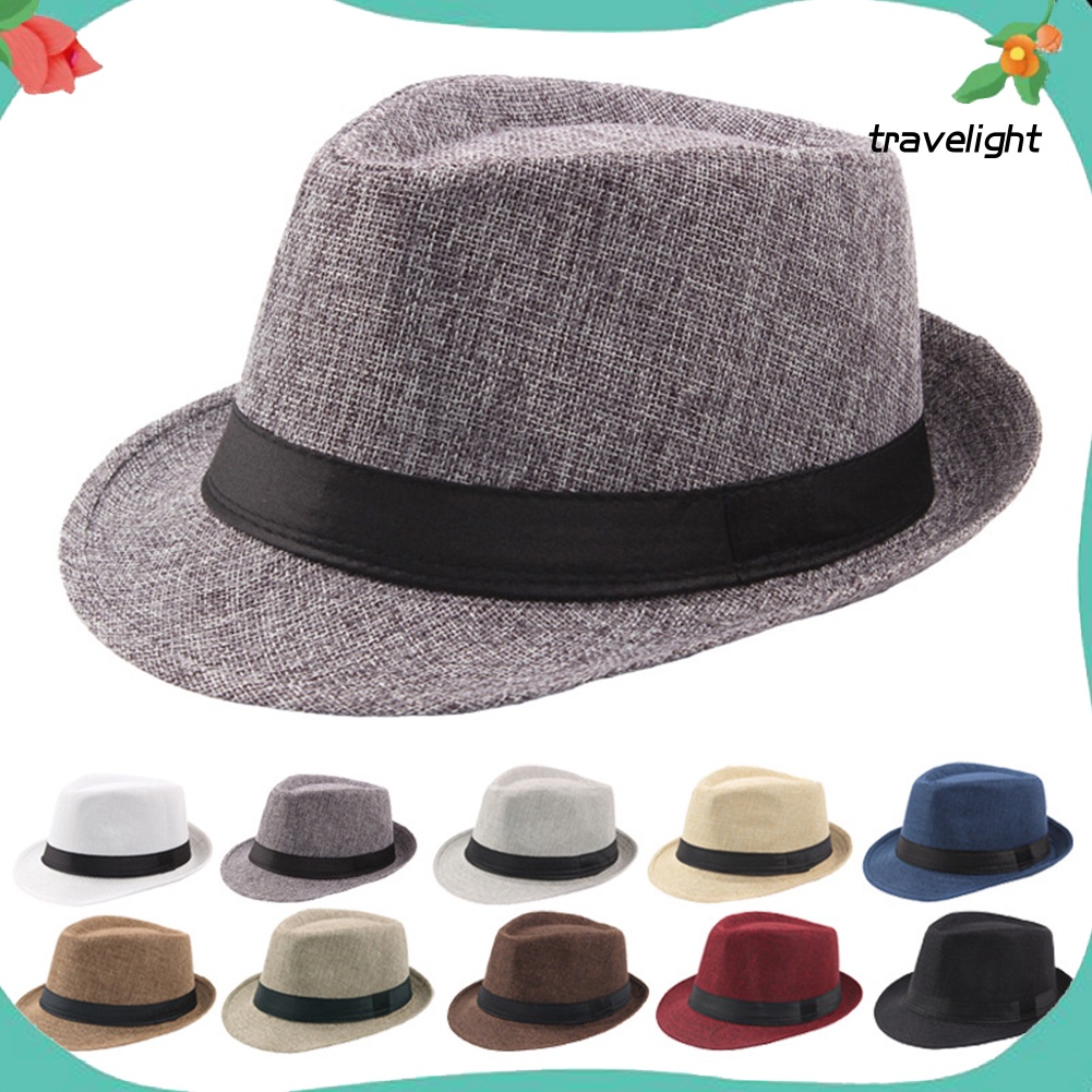 【 Tl 】ผู ้ ชายสีทึบปีกกว ้ าง Fedora หมวกสักหลาดหมวกปานามา Boater Summer Beach Sunhat