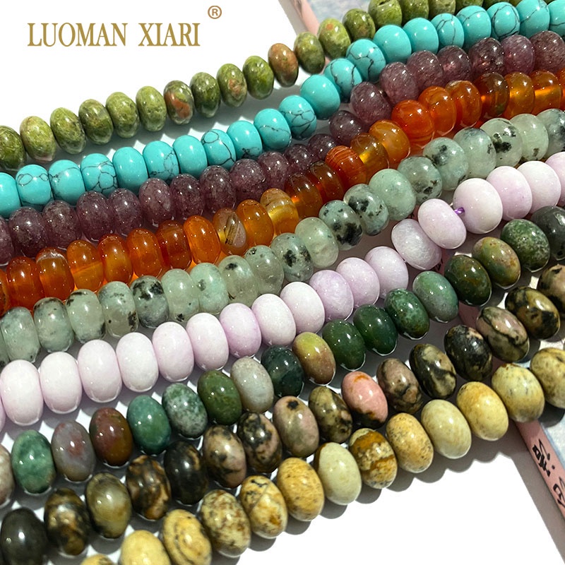 LUOMAN XIARI Spot 8 มม.Rondelle หยกสีเขียวธรรมชาติ Agate Labradorite Rhodochrosite หินลูกปัดสําหรับเครื่องประดับทํา DIY สร้อยคอสร้อยข้อมืออุปกรณ์เสริมประมาณ 36-38 ซม.