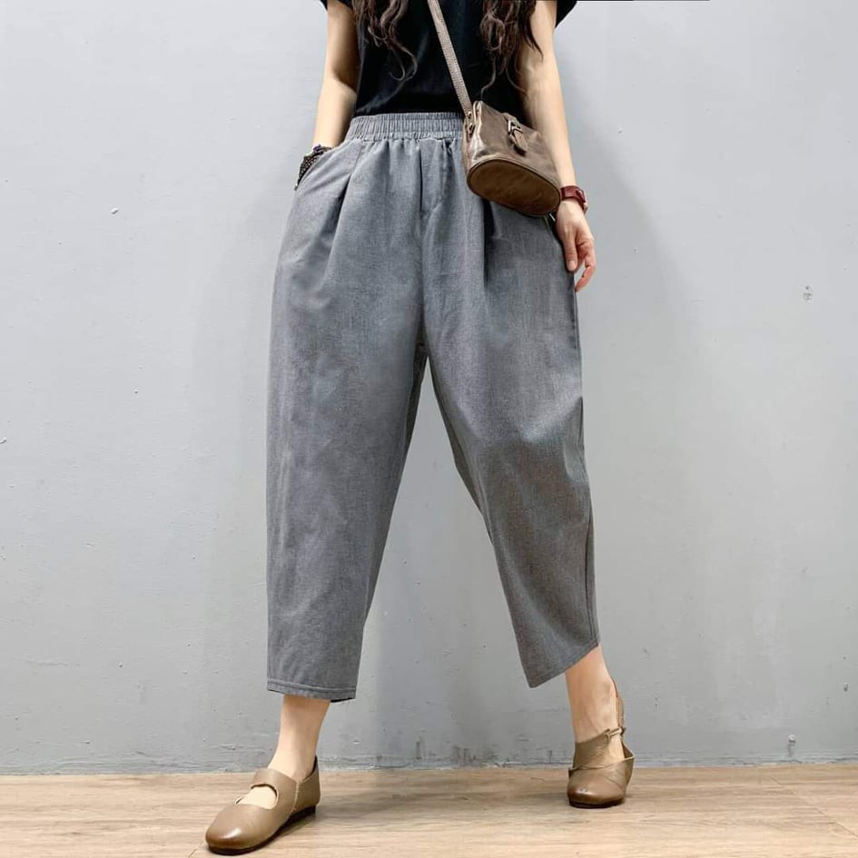 กางเกงผ้าฝ้ายผสมลินินทรงบอลลูนสีพื้นสะโพกใหญ่ เหมาะสำหรับสาวอวบ Freesize 13 สี ราคา ถูกที่สุด ดีลบีเคเค แกลเลอรีภาพที่ 7