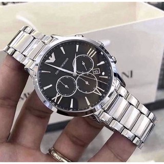 Emporio Armani 43mm Silver Tone Black Dial Mens Watchนาฬิกาข้อมือ EMPORIO ARMANI. แท้