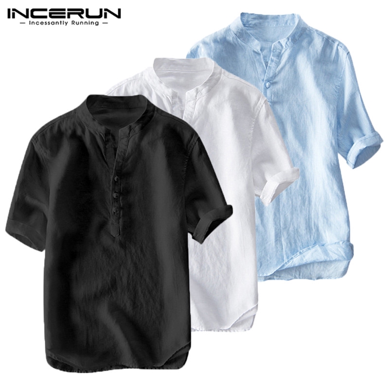 Incerun เสื้อเชิ้ต คอวี แขนสั้น ผ้าฝ้าย ผ้าลินิน สลิมฟิต สําหรับผู้ชาย