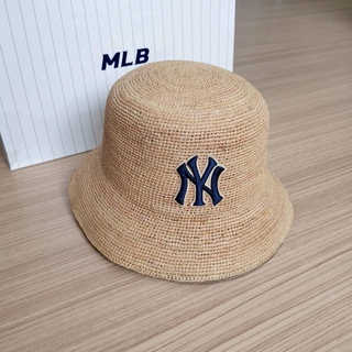 &lt;พร้อมส่ง&gt;MLB Raffia Bucket Hat หมวกปีก หมวกสาน logo NY Free size/ One size