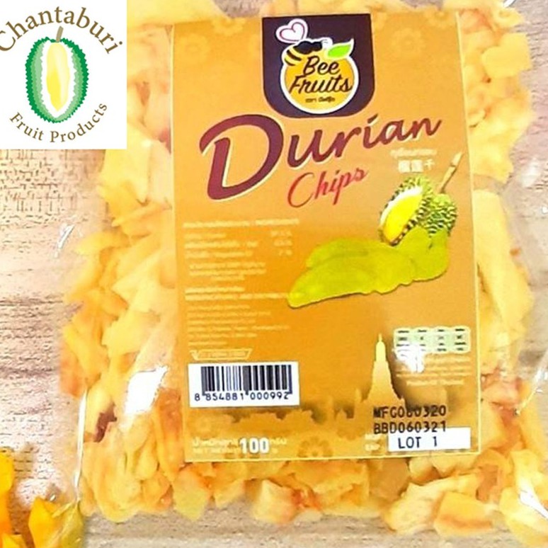 ทุเรียนทอด แบบชิ้นเล็ก Durian Chip  ขนาด 100 g. ตราบีฟรุ๊ต คัดสรรทุเรียนหมอนทองแก่จัด ทอดกรอบ อบให้แห้ง ไร้น้ำมัน อร่อย