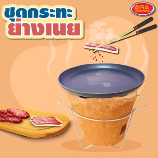 ชุดเตา+กระทะร้อน ย่างเนย รุ่นไม่มีหู กระทะเหล็กหล่อเผาแล้ว (ขนาด 9 นิ้ว) เตาย่าง กระทะปิ้งย่าง กะทะย่าง กระทะย่างเนื้อ